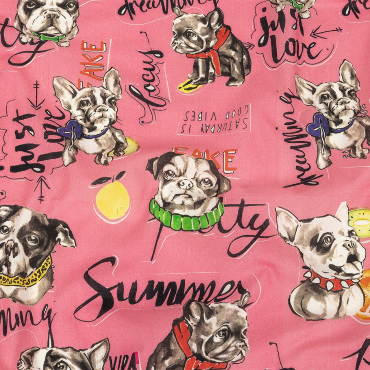 1 Yard Cotton Voile Fabric Pink Dogs and Text Pink Dog Days Print Comic Collection